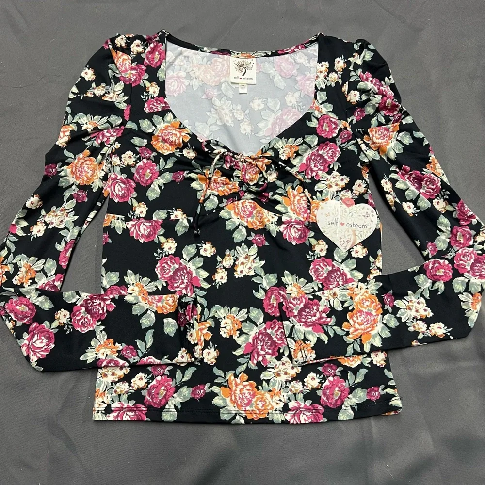 🌴Women’s Self Esteem V Neck Cinch Front Puffed Shoulder Long Sleeve Shirt - Picture 6 of 11